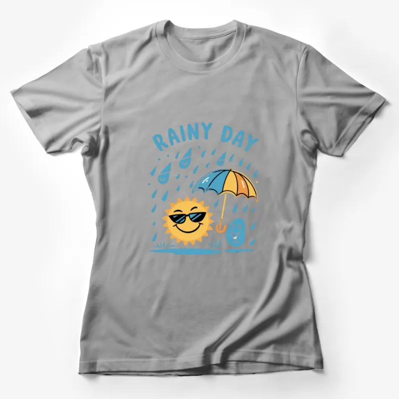 Rainy Day Cartoon T-Shirt with Sun, Clouds, and Umbrella Graphics for All Ages Female T-Shirt