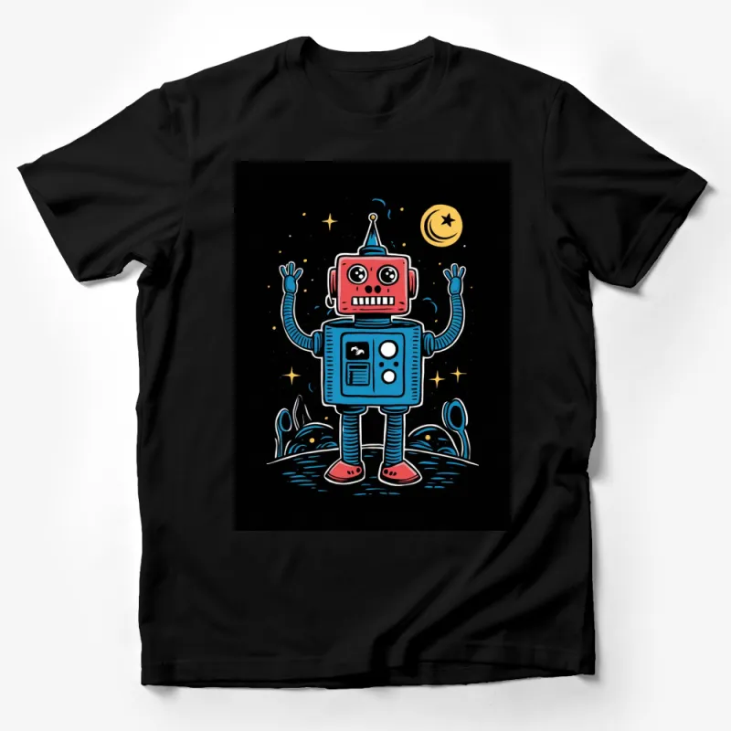 Retro Robot T-Shirt, Space Themed Astronaut Robot Tee, Nightsky Moon Stars, Unisex Graphic Shirt Male T-Shirt