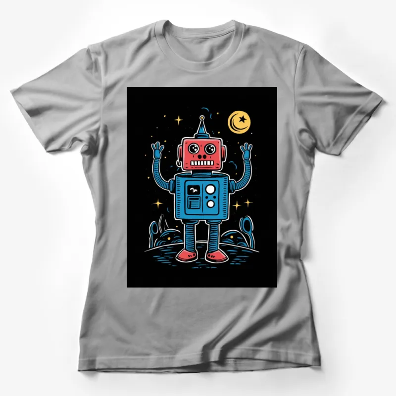 Retro Robot T-Shirt, Space Themed Astronaut Robot Tee, Nightsky Moon Stars, Unisex Graphic Shirt Female T-Shirt