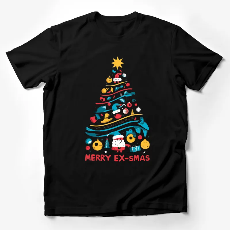 Festive Christmas Tree T-Shirt with Cute Ornaments and Merry Ex-Smas Text Male T-Shirt