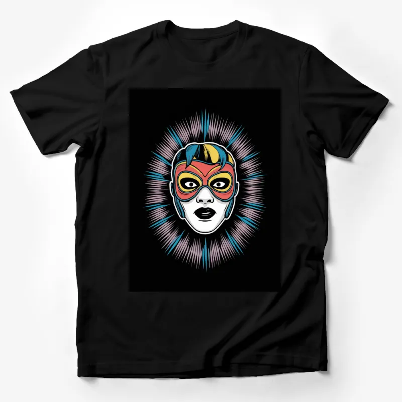 Retro Superhero Mask Woman Face Graphic T-Shirt, Colorful Comic Art Style Tee, Vintage Inspired Shirt Design Male T-Shirt