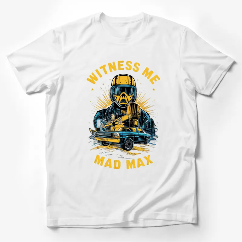 Mad Max Inspired T-Shirt, Witness Me Quote, Vintage Car and Helmet Graphic Tee, Unique Movie Fan Apparel Male T-Shirt