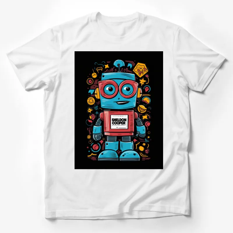 Colorful Robot Graphic T-Shirt, Fun Retro Style Robot Illustration, Unique Geeky Apparel Male T-Shirt