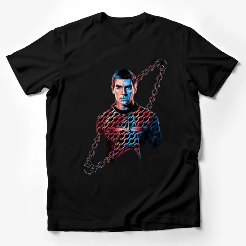 Retro Sci-Fi Warrior Graphic T-Shirt, Vintage Blue and Red Chain Design, Cool Pop Culture Apparel Male T-Shirt