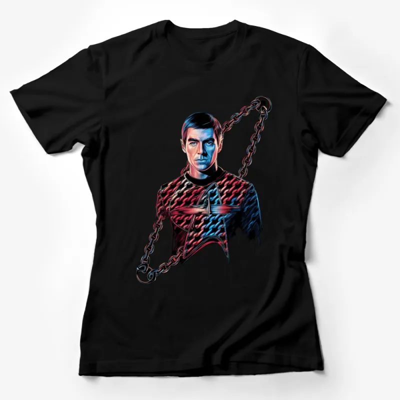 Retro Sci-Fi Warrior Graphic T-Shirt, Vintage Blue and Red Chain Design, Cool Pop Culture Apparel Female T-Shirt