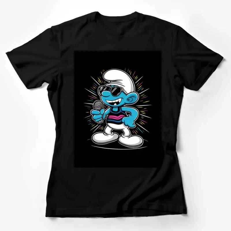 Cool Blue Cartoon Character T-Shirt, Stylish Singer Smurf Design, Hip Fun Apparel Female T-Shirt