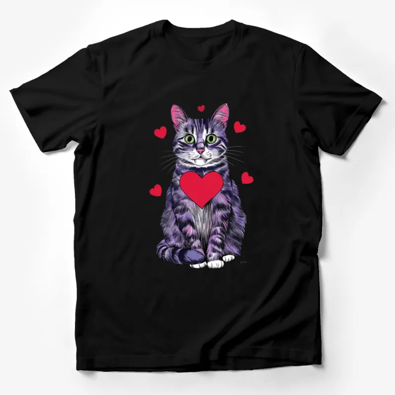 Cute Cat T-Shirt with Heart, Purple Stripe Feline, Green Eyes, Valentine's Day Gift Male T-Shirt