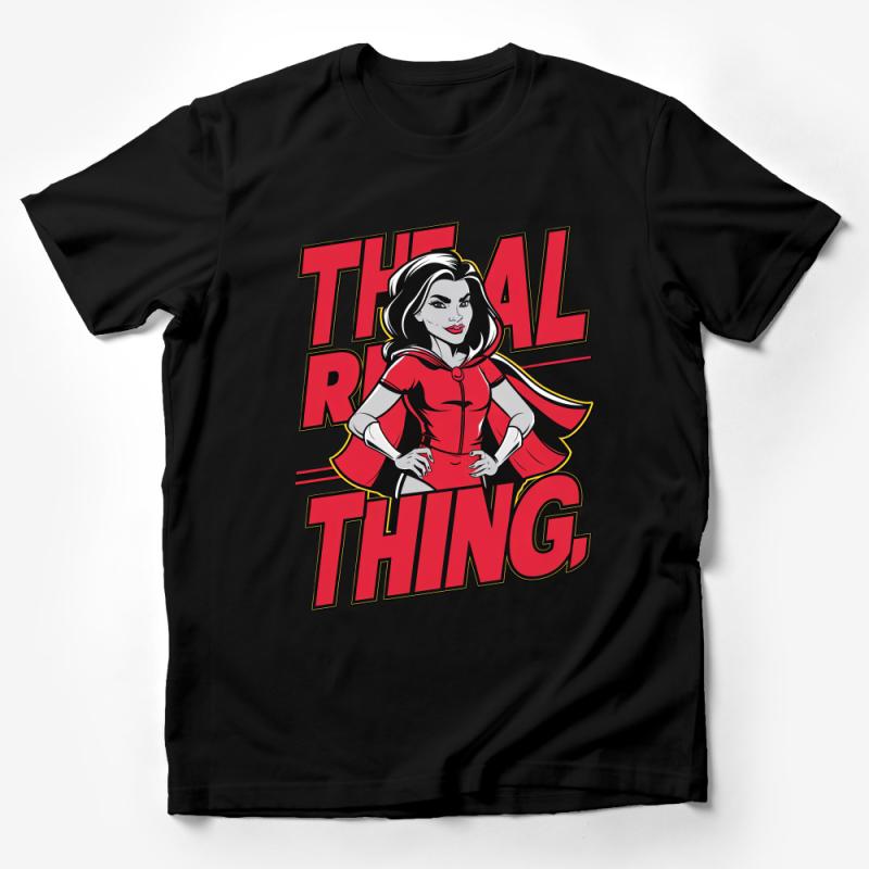 Women's Superhero T-Shirt, Red and Black 'The Real Thing' Graphic Tee, Vintage Comic Style Shirt, Retro Female Hero Top, Gift for Her Male T-Shirt