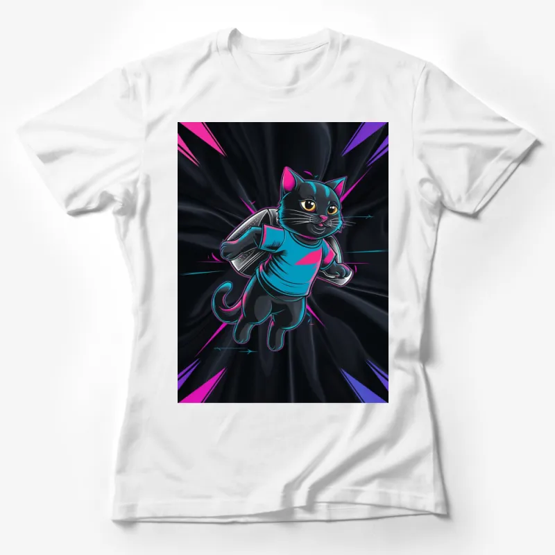 Funky Black Cat in Pink Jacket Cartoon Graphic T-Shirt, Vibrant Neon Colors, Unisex Tee Female T-Shirt