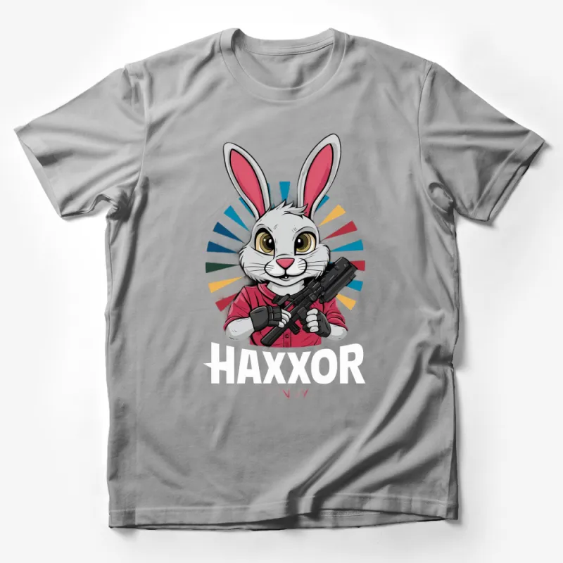 Cartoon Rabbit Warrior T-Shirt, Haxxor Bunny with Gun, Unique Graphic Tee, Colorful Design, Unisex Apparel Male T-Shirt