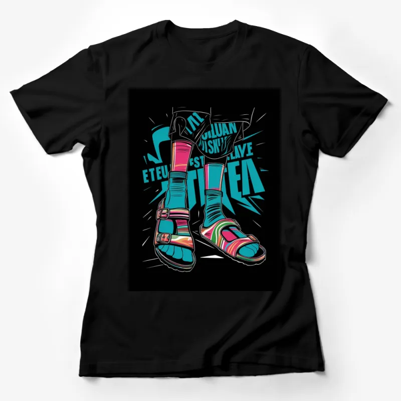 Colorful Retro Sandal Boots Graphic T-Shirt, Unique Vintage Style Festival Tee, Unisex Fashion Female T-Shirt