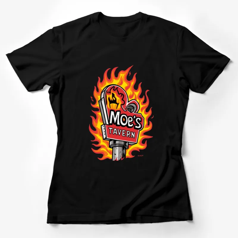 Moe's Tavern Flaming Logo T-Shirt, Classic Cartoon Bar Fan Art, Unisex Graphic Tee Female T-Shirt