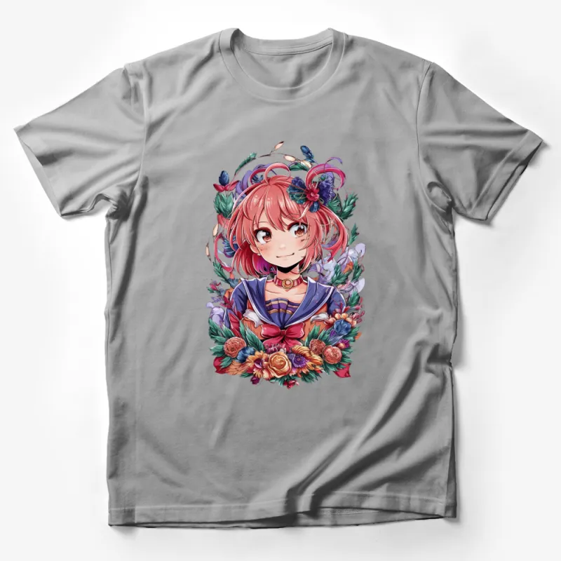 Anime Floral Wreath T-Shirt, Vibrant Character Art Print, Cute and Colorful Tee, Gift for Anime Lovers Male T-Shirt