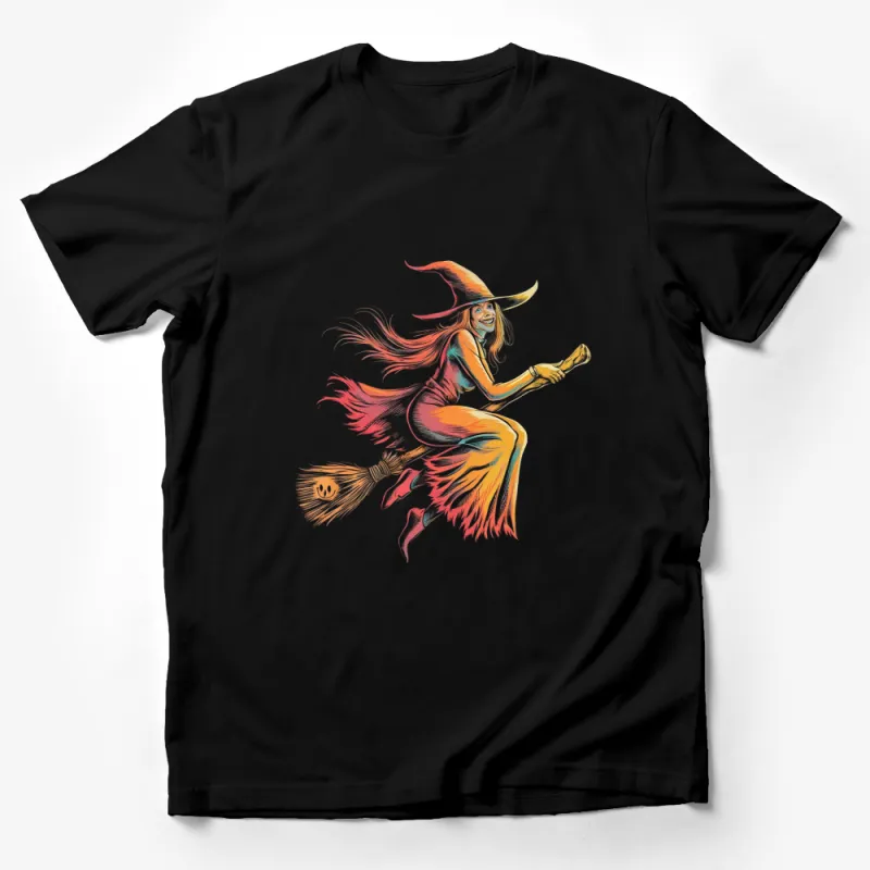 Colorful Witch on Broomstick Halloween T-Shirt, Fun Witch Graphic Tee, Vibrant Autumn Witch Design, Spooky Fashion Male T-Shirt