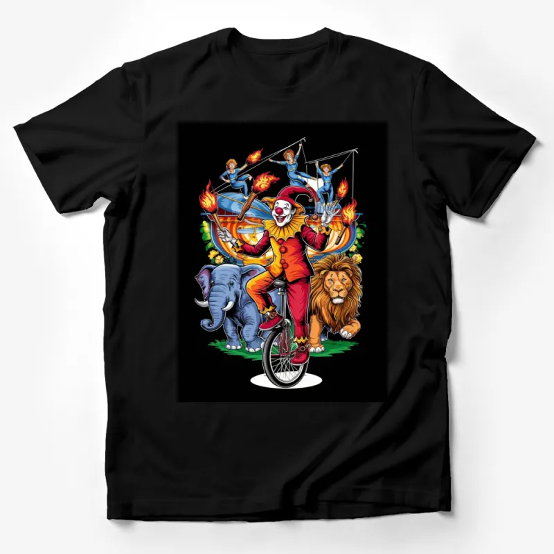 Circus Clown on Unicycle T-Shirt, Vintage Circus Animals and Performers Tee, Colorful Graphic Shirt, Unisex Male T-Shirt