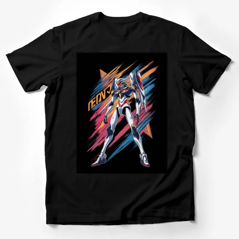 Neon Robot Samurai T-Shirt, Colorful Mecha Warrior Graphic Tee, Unique Anime Inspired Apparel Male T-Shirt