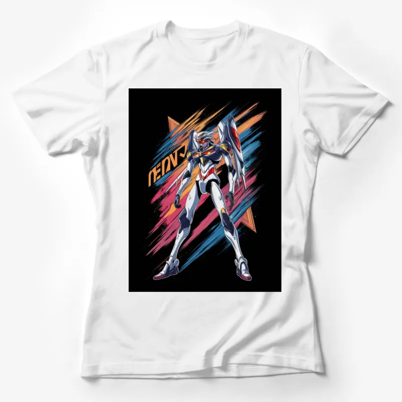 Neon Robot Samurai T-Shirt, Colorful Mecha Warrior Graphic Tee, Unique Anime Inspired Apparel Female T-Shirt