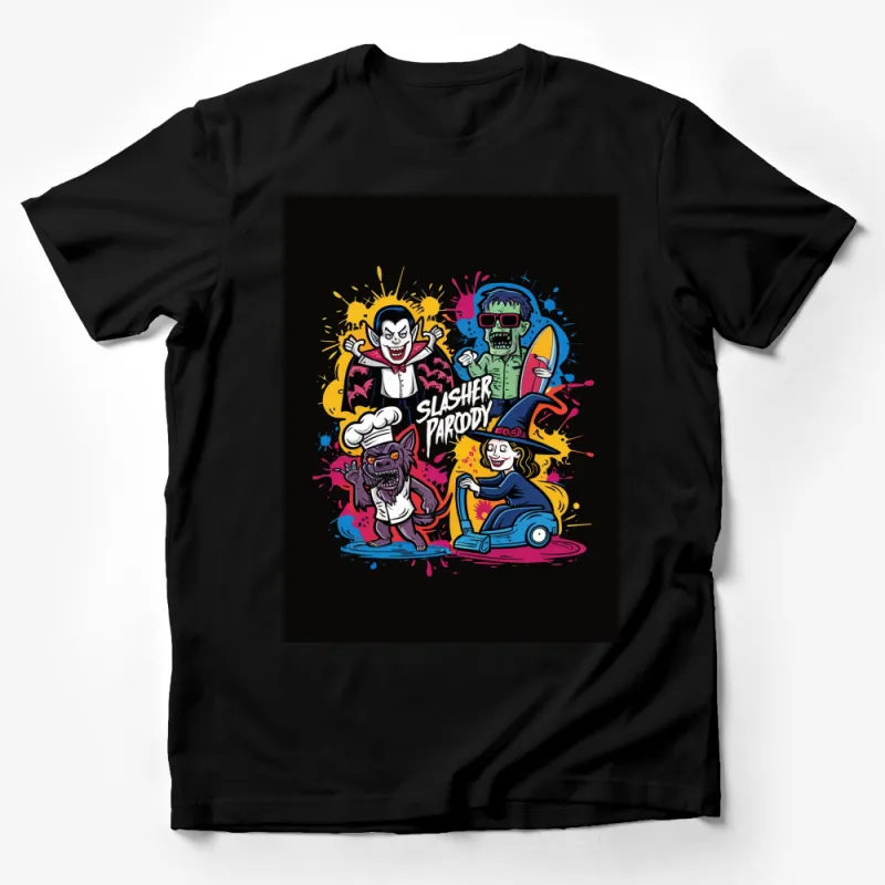 Slasher Parody T-Shirt, Colorful Horror Movie Cartoon Characters, Unique Graphic Tee, Unisex Male T-Shirt