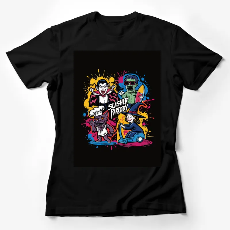 Slasher Parody T-Shirt, Colorful Horror Movie Cartoon Characters, Unique Graphic Tee, Unisex Female T-Shirt