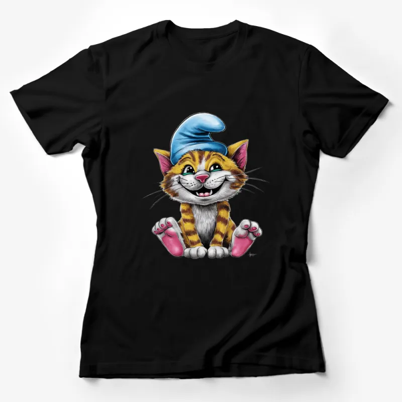 Cute Cartoon Cat T-Shirt, Smiling Tabby Cat with Blue Hat, Kids and Adults Unisex Tee Female T-Shirt