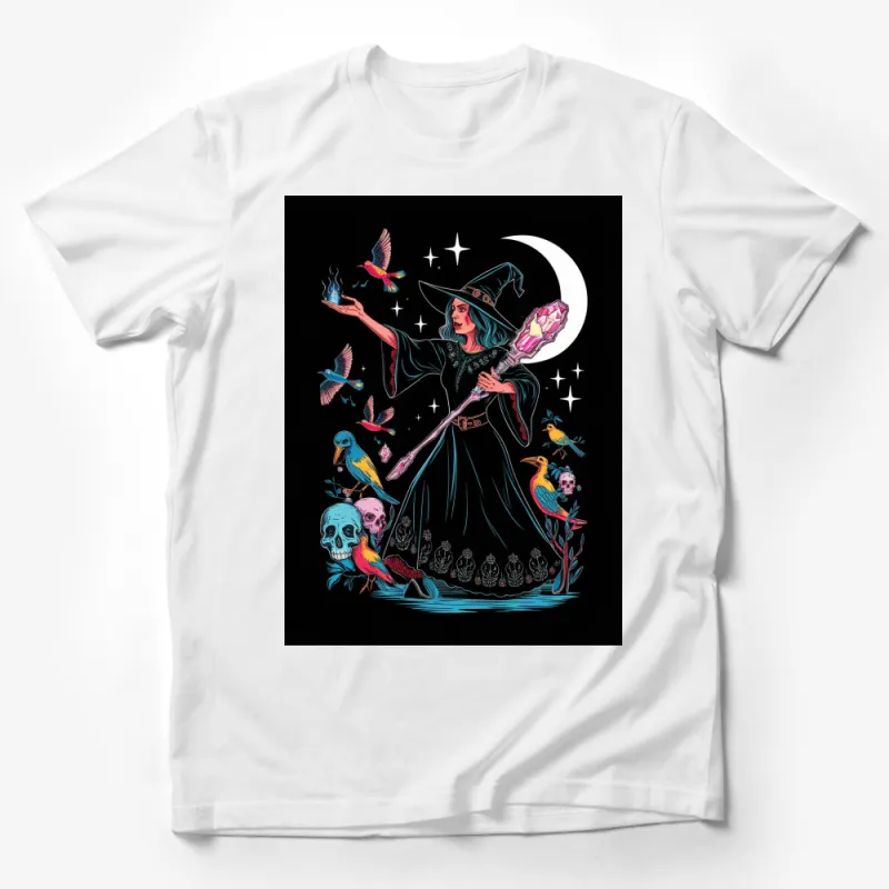 Mystical Witch with Crystal Staff and Birds Graphic T-Shirt, Moon and Stars, Magic Witchcraft Design Male T-Shirt