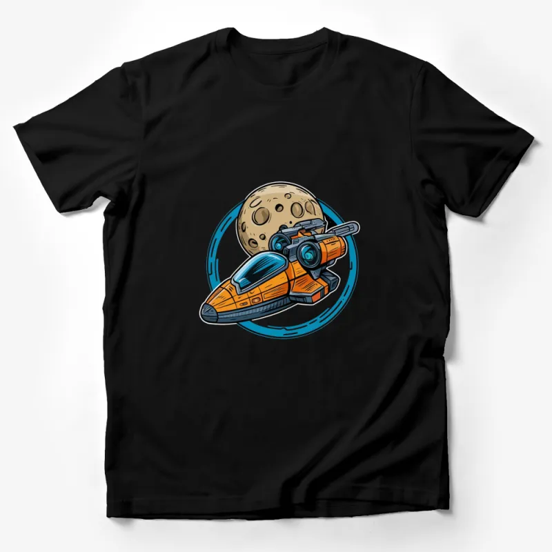 Spacecraft and Moon Illustration T-Shirt, Colorful Outer Space Kids' Tee, Unisex Adult Size Male T-Shirt