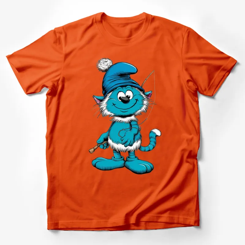 Blue Cartoon Cat T-Shirt, Cute Character with Fishing Rod, Kids Graphic Tee, Unisex Male T-Shirt