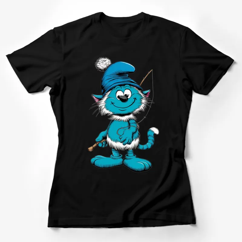 Blue Cartoon Cat T-Shirt, Cute Character with Fishing Rod, Kids Graphic Tee, Unisex Female T-Shirt