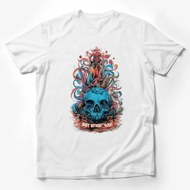 Colorful Skull T-Shirt Art, Body Without Soul, Unique Graphic Tee, Spiritual Gothic Fashion Male T-Shirt