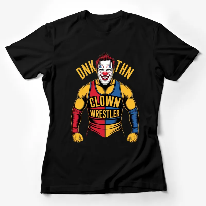 Clown Wrestler Graphic T-Shirt, Bold Cartoon Style, Funny Muscle Clown Tee, Unique Pop Art Design Female T-Shirt