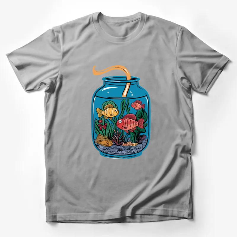 Colorful Fish in Jar Aquarium Illustration T-Shirt, Unique Graphic Tee for Adults and Kids Male T-Shirt