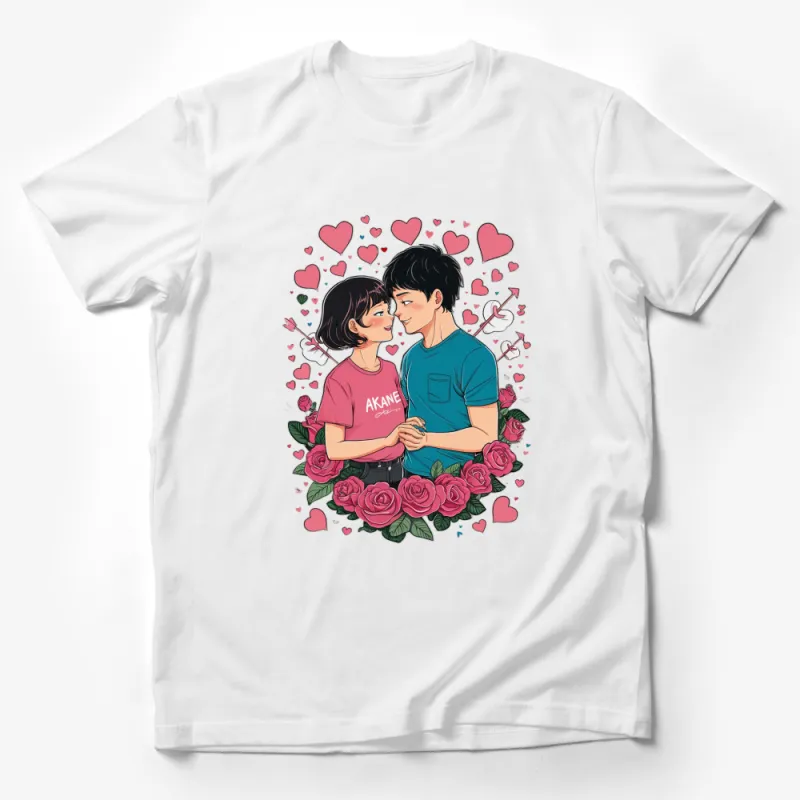 Romantic Anime Couple T-Shirt, Valentine's Day Gift, Love Hearts and Roses Tee, Manga Style Lovers, Unisex Graphic Shirt Male T-Shirt