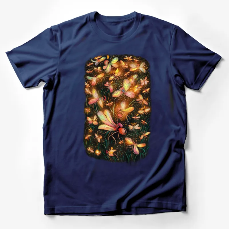 Whimsical Firefly and Flower Design T-Shirt, Magical Glow Artwork, Unique Floral Tee for Garden Lovers Male T-Shirt