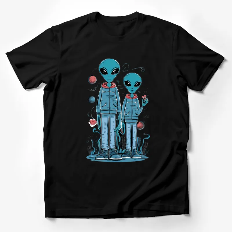 Alien Graphic T-Shirt, Quirky UFO Print, Blue Cartoon Aliens Design, Sci-Fi Style Casual Wear Male T-Shirt