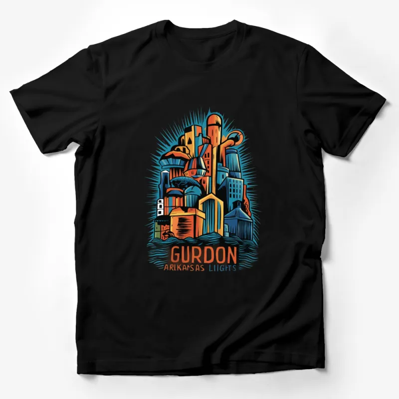 Gurdon Arkansas Lights Colorful Cityscape Art T-Shirt, Unique Graphic Tee, Vibrant Urban Design Shirt Male T-Shirt