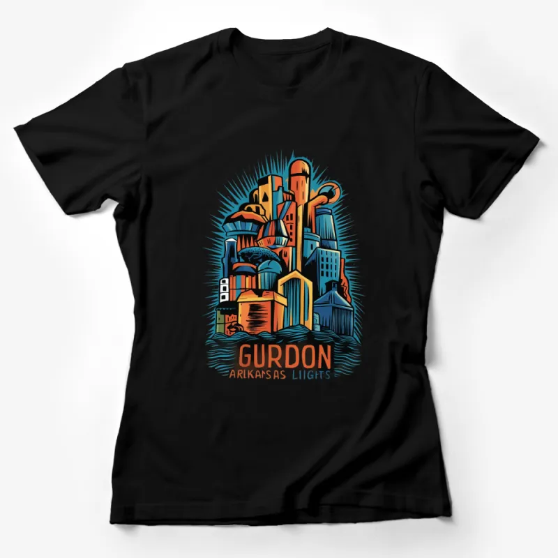 Gurdon Arkansas Lights Colorful Cityscape Art T-Shirt, Unique Graphic Tee, Vibrant Urban Design Shirt Female T-Shirt