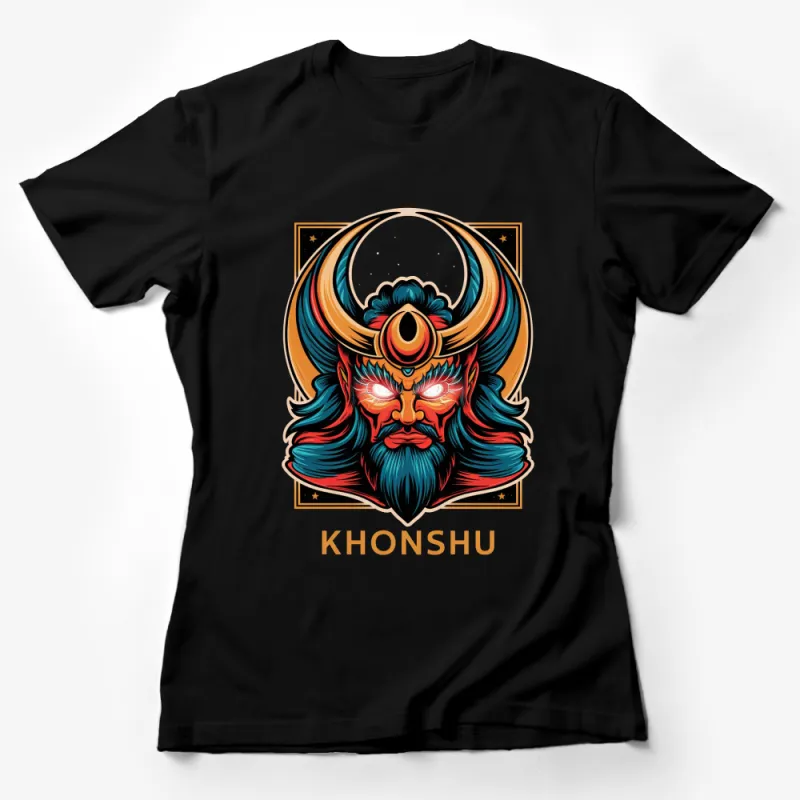 Khonshu Egyptian God Graphic T-Shirt, Moon Deity Illustration Tee, Bold Vibrant Mythology Design Top Female T-Shirt