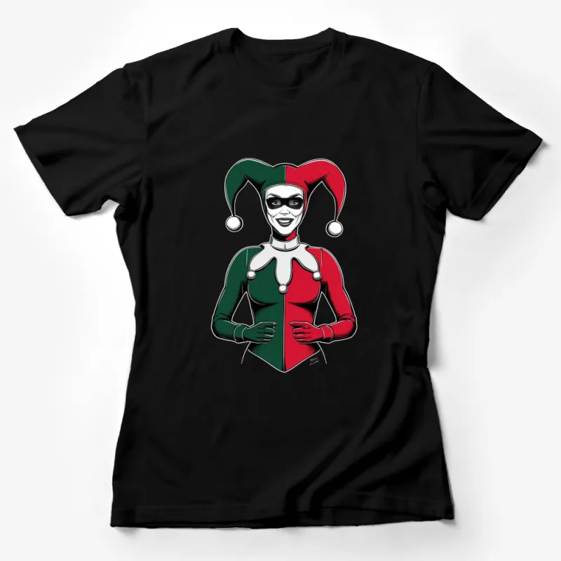 Harley Quinn Inspired T-Shirt, Classic Comic Art Style, Red and Green Costume, Jester Hat Design Female T-Shirt