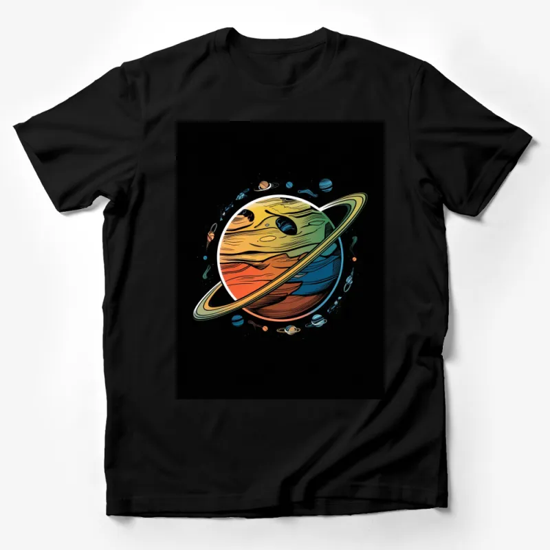 Colorful Space Planet Graphic T-Shirt, Vibrant Artwork Tee, Unisex Fashion, Casual Wear Male T-Shirt