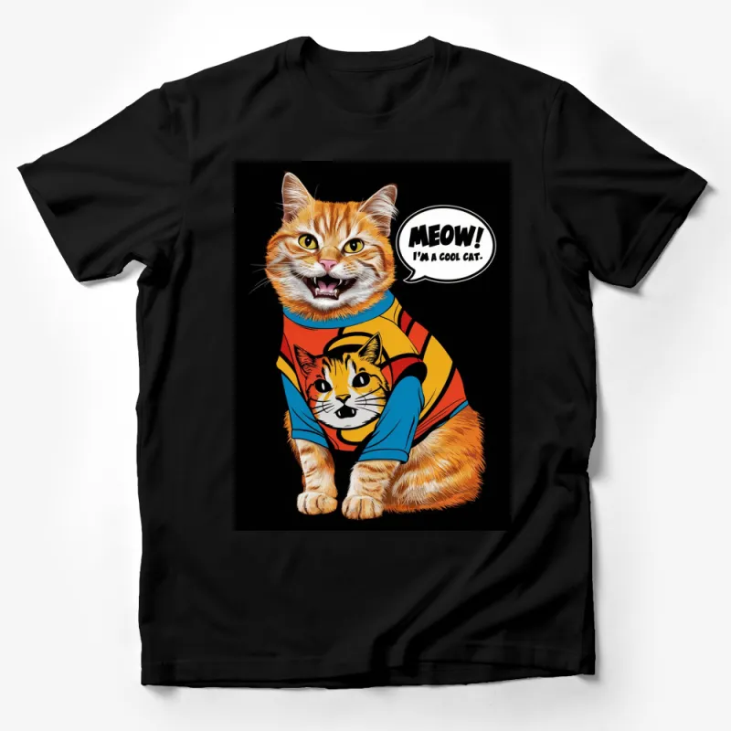 Colorful Cool Cat T-Shirt, Vibrant Comic Style Cat Graphic, Fun Feline Fashion, Unisex Tee Male T-Shirt