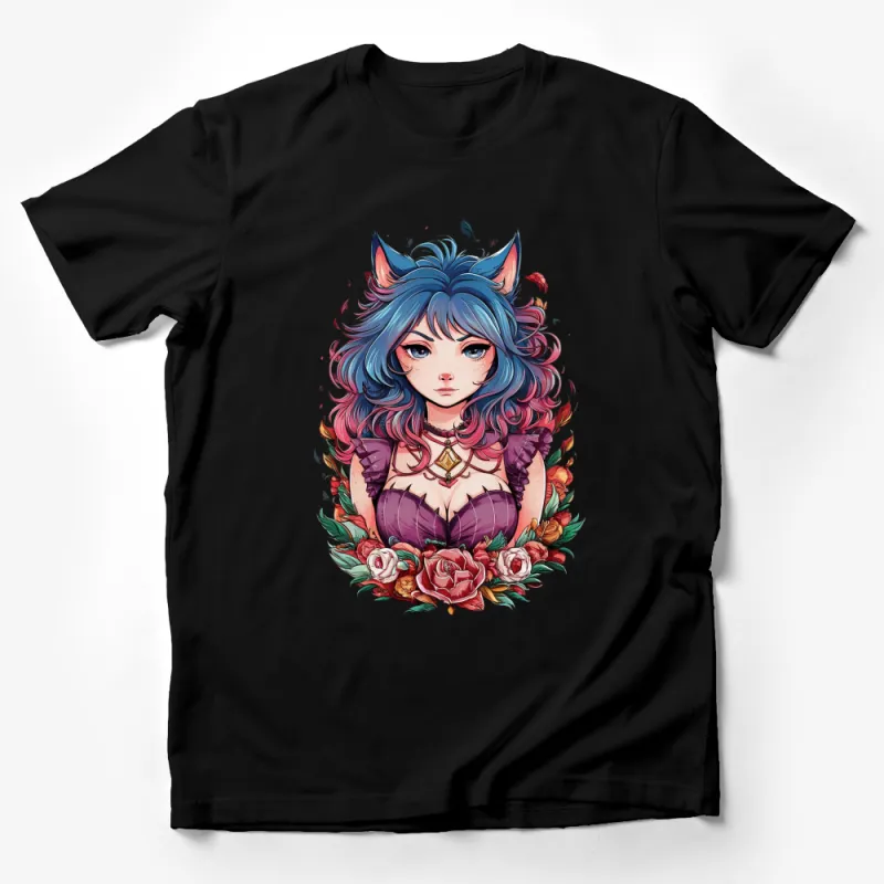 Anime Fox Girl T-Shirt, Vibrant Floral Fantasy Art Tee, Unique Graphic Shirt for Teens Male T-Shirt