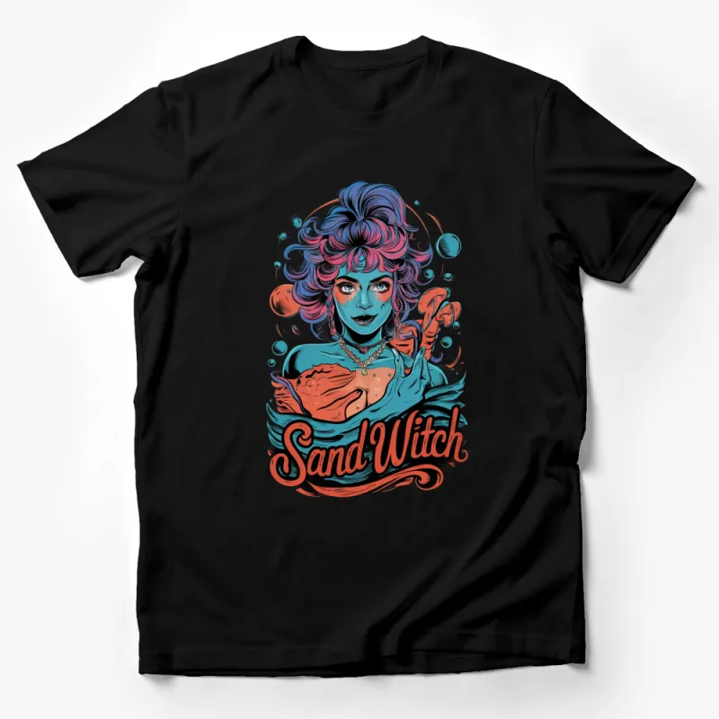 Whimsical Witch and Sandwich Graphic Tee, Colorful Artistic Witch T-Shirt, Unique Fantasy Art Shirt Design Male T-Shirt