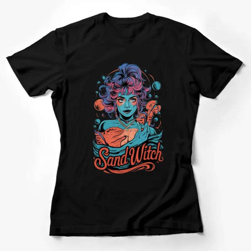 Whimsical Witch and Sandwich Graphic Tee, Colorful Artistic Witch T-Shirt, Unique Fantasy Art Shirt Design Female T-Shirt