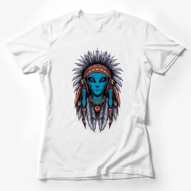 Alien Chief Headdress Graphic T-Shirt, Colorful Tribal Extraterrestrial Art, Unique Sci-Fi Apparel, Unisex Clothing Female T-Shirt