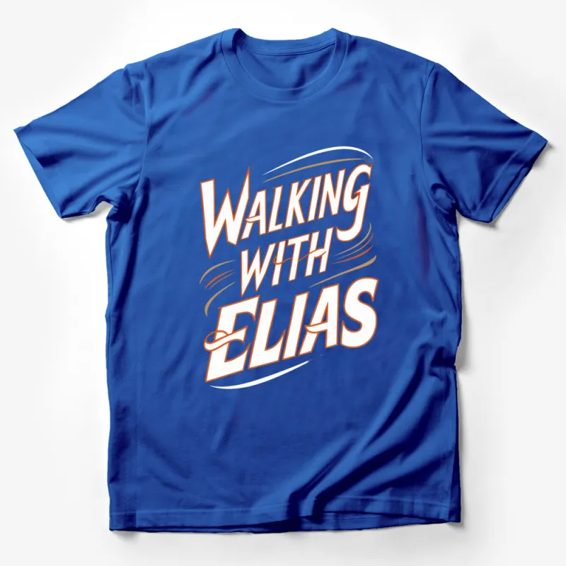 Walking With Elias Graphic Tee, Orange Lettering Logo T-Shirt, Music Inspired Fashion Top, Casual Street Style Male T-Shirt