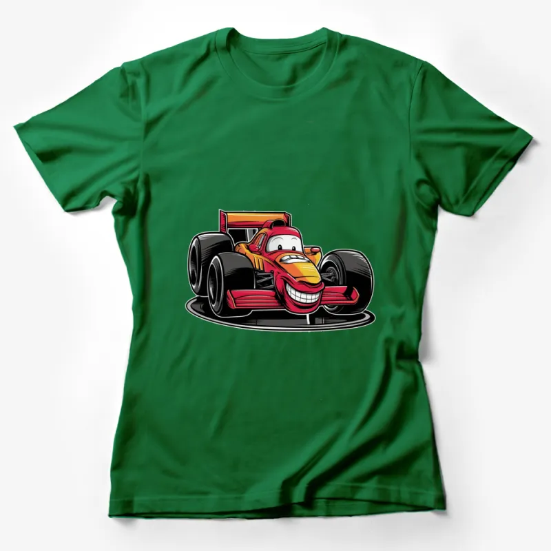 Cartoon Race Car T-Shirt, Fun Red Racing Car Graphic, Kids and Adults Casual Wear Female T-Shirt