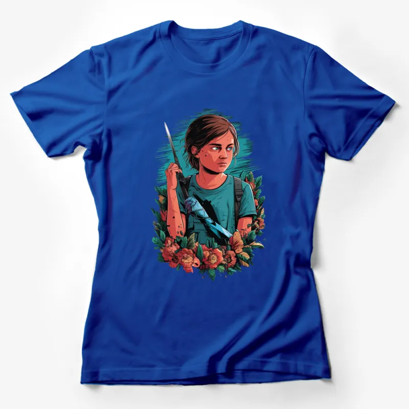 Women Warrior Graphic Tee, Floral Frame with Sword, Adventure Illustration T-Shirt, Unique Artistic Apparel Female T-Shirt