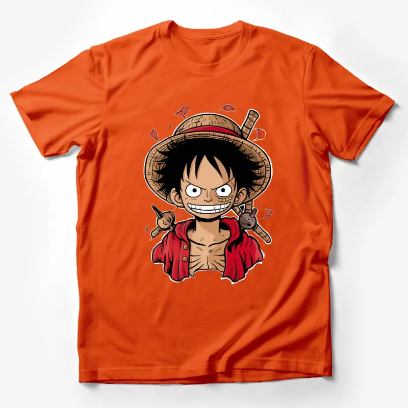 Anime Pirate Boy Cartoon Graphic T-Shirt, Cool Straw Hat Character Tee, Casual Red Shirt Male T-Shirt