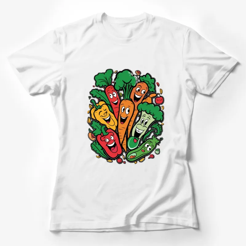 Funny Vegetable Characters T-Shirt, Colorful Veggie Friends Tee, Healthy Eating Cartoon Shirt Female T-Shirt