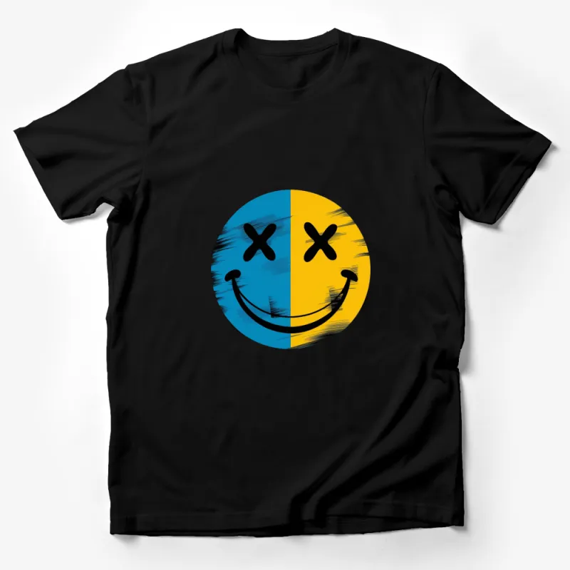 Abstract Smiley Face T-Shirt, Blue and Yellow Halves, Modern Art Apparel Male T-Shirt